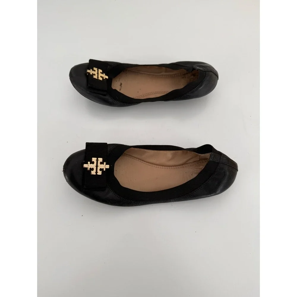 Tory Burch Liana Black Leather Bow Ballet Flats Gold Logo Hardware Round Toe 6.5